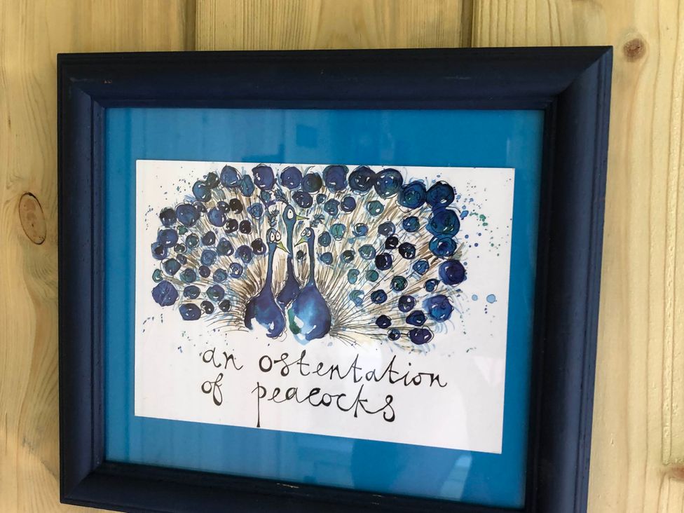 Framed artwork of peacocks on a blue background at The Peacock Shepherds Hut at Hafoty Boeth in Corwen