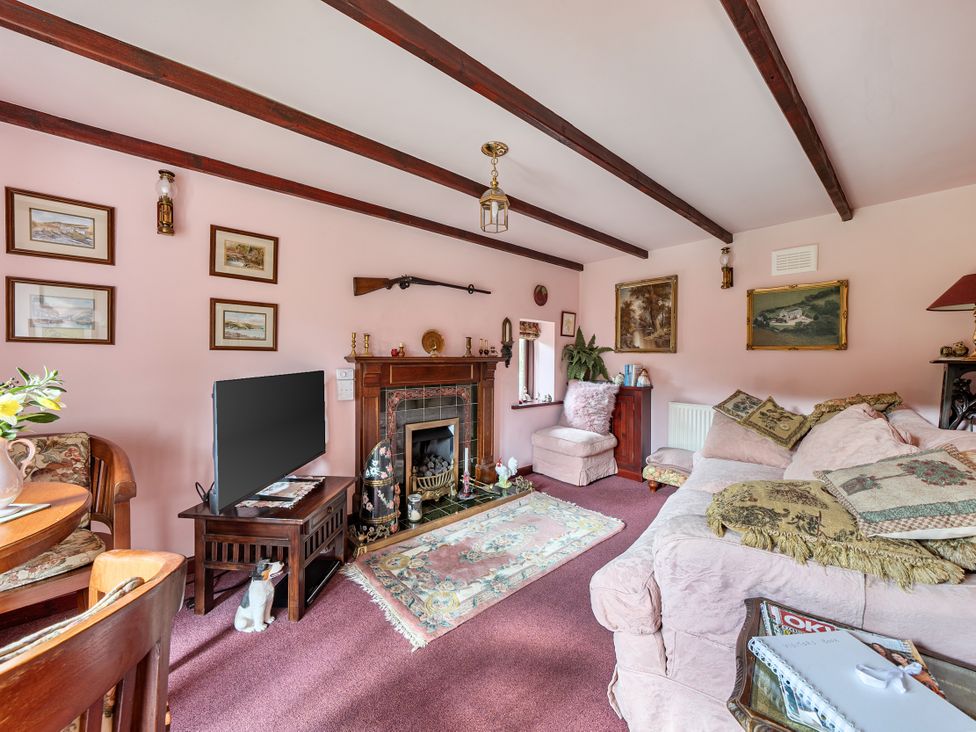 A living room with a fireplace and a television at Converted Stone Barn -20 Acres - Farm Animals! in Corwen