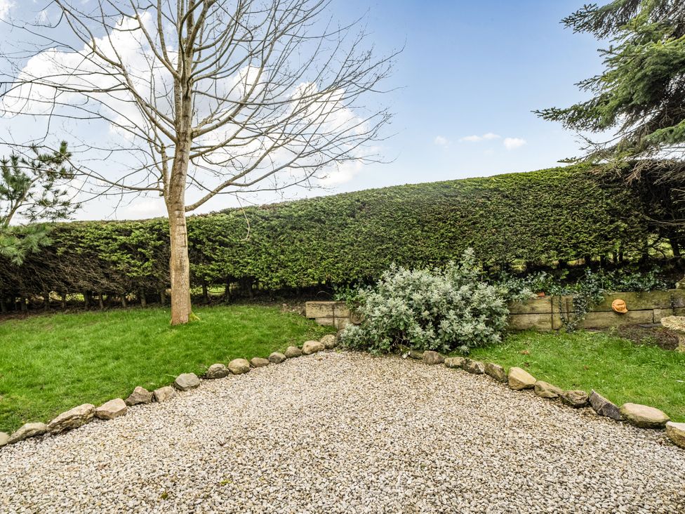 A garden with a tree and gravel area at Converted Stone Barn -20 Acres - Farm Animals! in Corwen