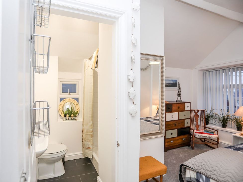 A bathroom with a toilet and shower at Rhiwlas, Rhosneigr