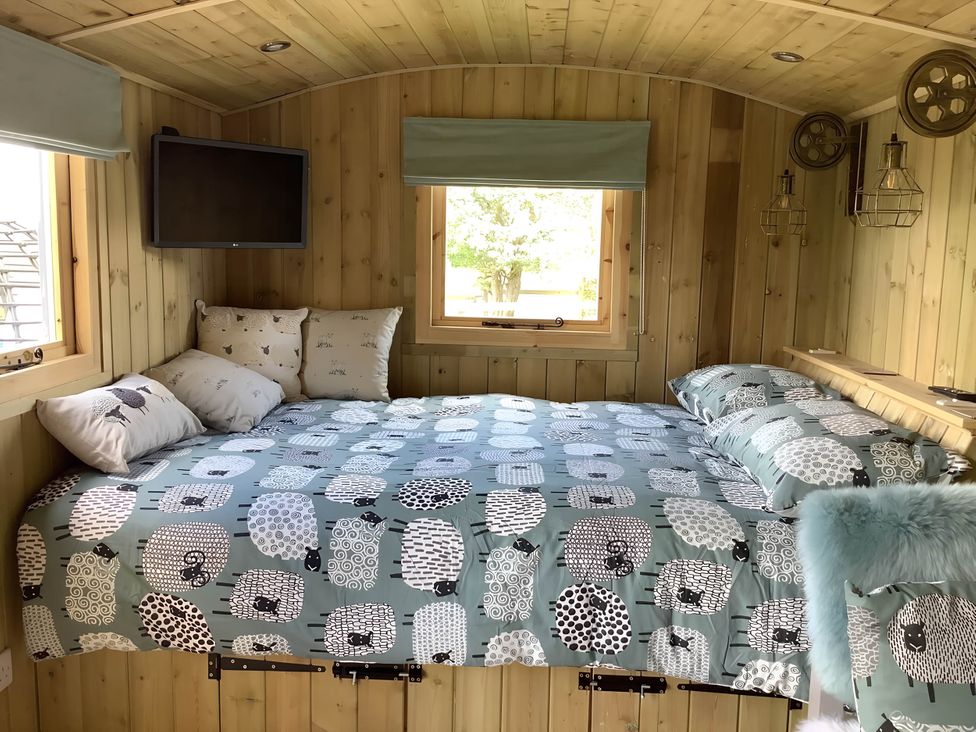 A bedroom with a bed and television at The Shepherds Hut at Hafoty Boeth in Corwen