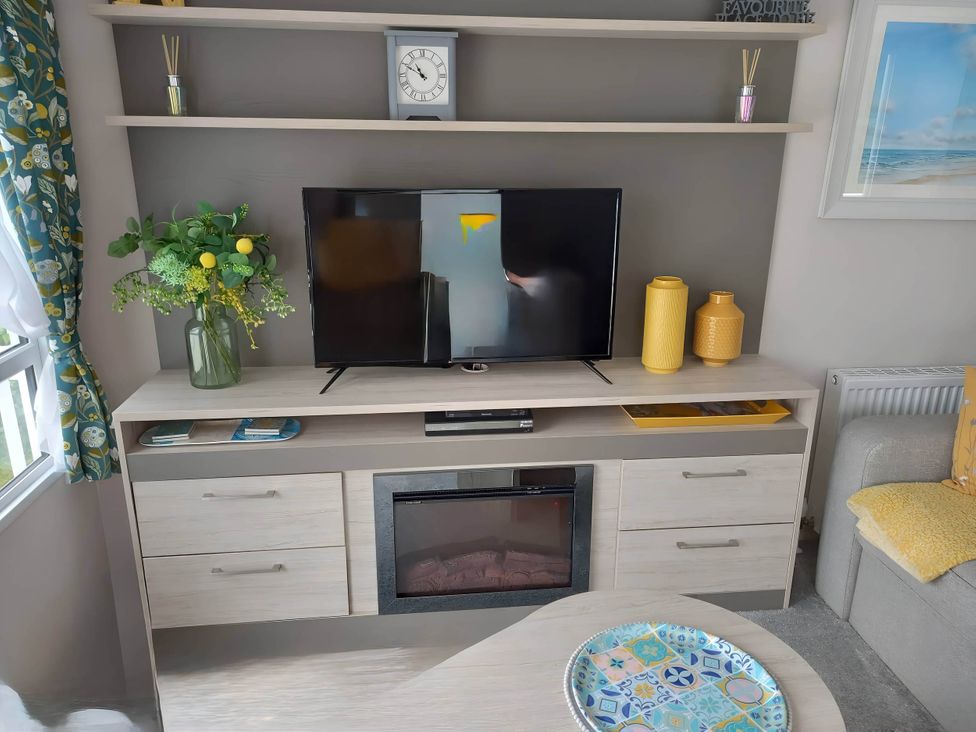 A living room with a television and a plant at Blue water 3 Beverley Bay Static Caravan in Paignton