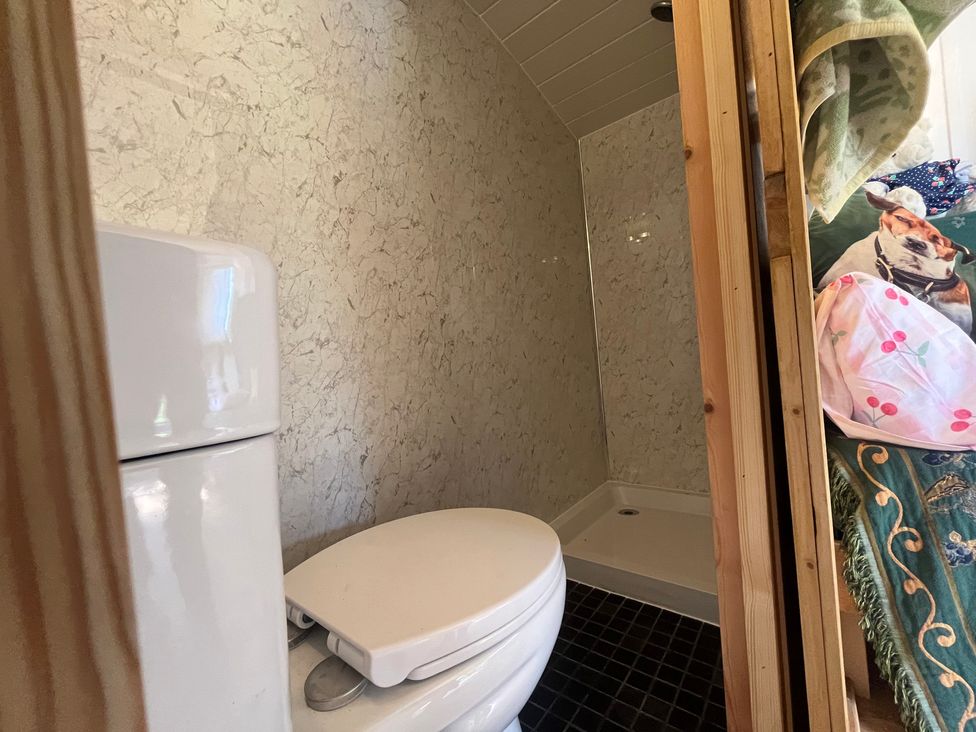A bathroom with a toilet and shower at Shepherd Hut in Gloucester