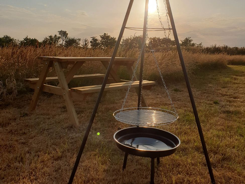 A grill and picnic table in a field at Restored circus wagon Saltburn-By-The-Sea