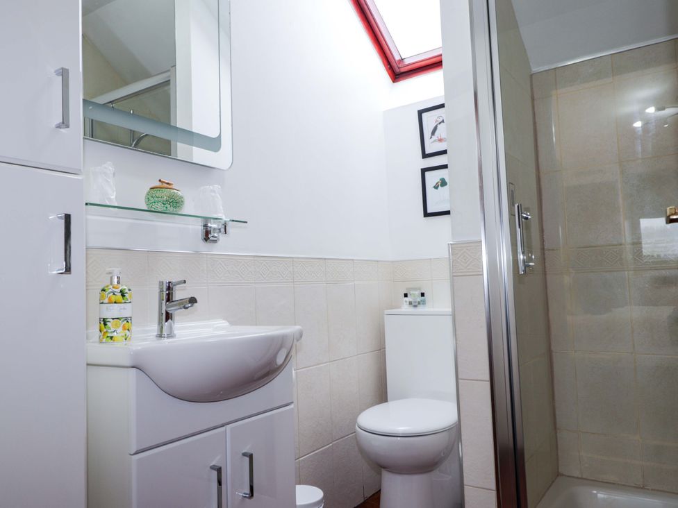 A bathroom with a sink, toilet, and shower at Dunhallin House in Inverness