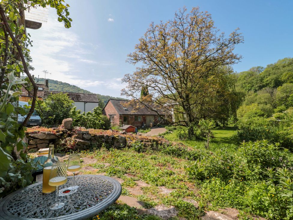 A garden with a table and drinks at Ferryman's Lodge in Brockweir