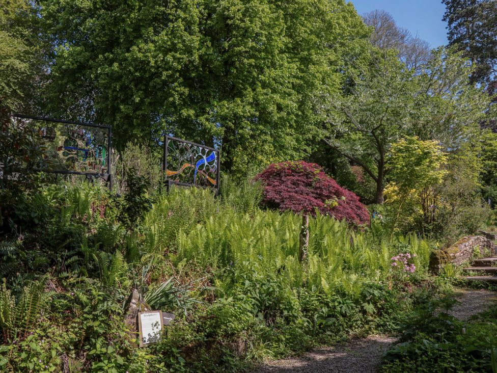A garden with trees and ferns at Ferryman's Lodge in Brockweir