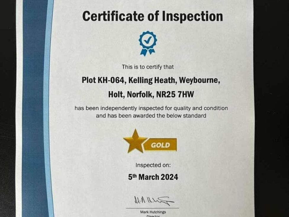 A certificate of inspection for Plot KH-064, Kelling Heath, Weybourne at Another Day In Paradise in Holt