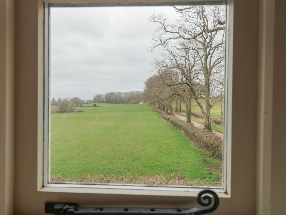 A view of a grassy field with trees and a pathway at Tuxwell Lodge in Spaxton near Nether Stowey