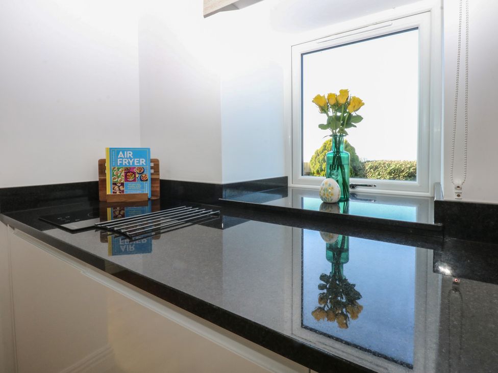 A kitchen countertop with an air fryer recipe book and a vase of yellow roses at Studio near Bontnewydd