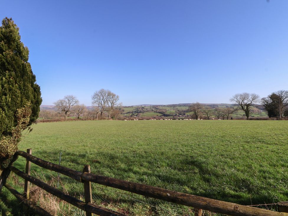 A field with trees and a fence at Antlers Lodge in Biddulph Moor