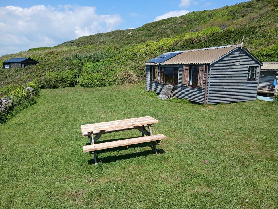 A picnic table and shed in a grassy area at The Cabin 