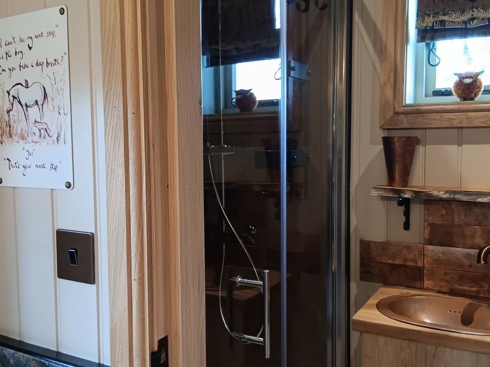 A bathroom with a shower, sink, and wall art at Twit Twoo Shepherds Hut in North Somercotes