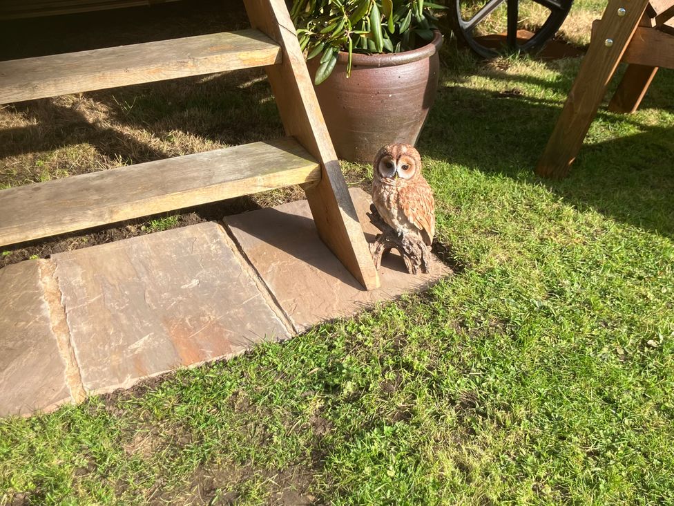 An owl near stairs and a planter at Twit Twoo Shepherds Hut North Somercotes