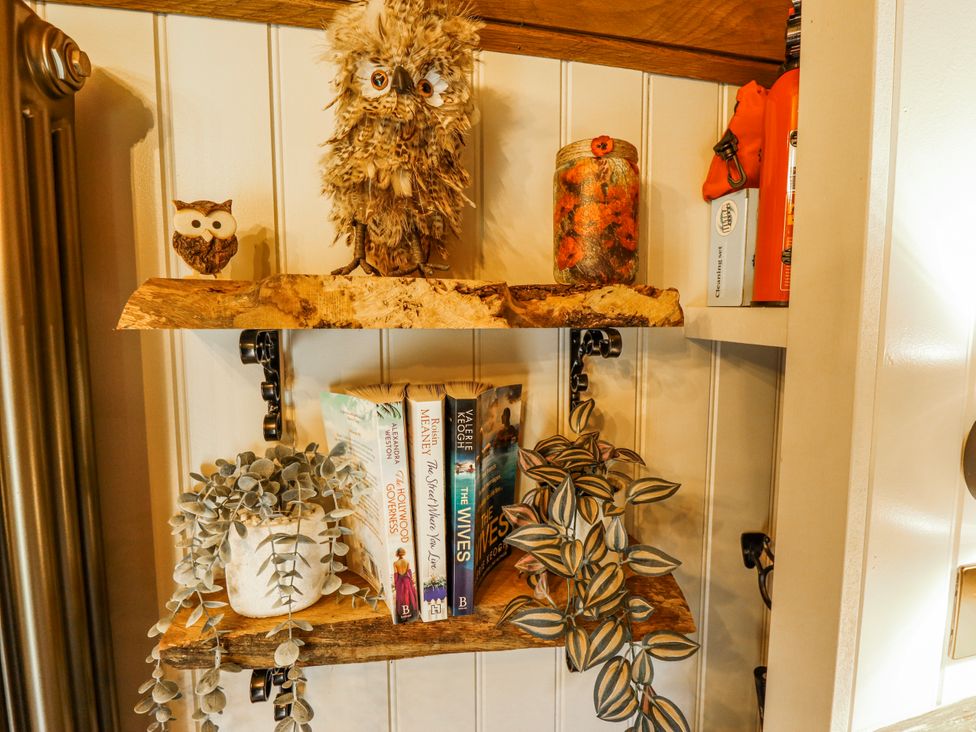 A shelf with owl figurines and books at Twit Twoo Shepherds Hut North Somercotes