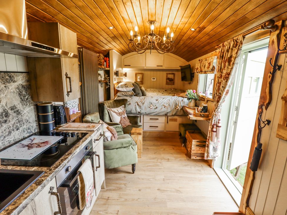 A living room with kitchen and bed at Twit Twoo Shepherds Hut in North Somercotes