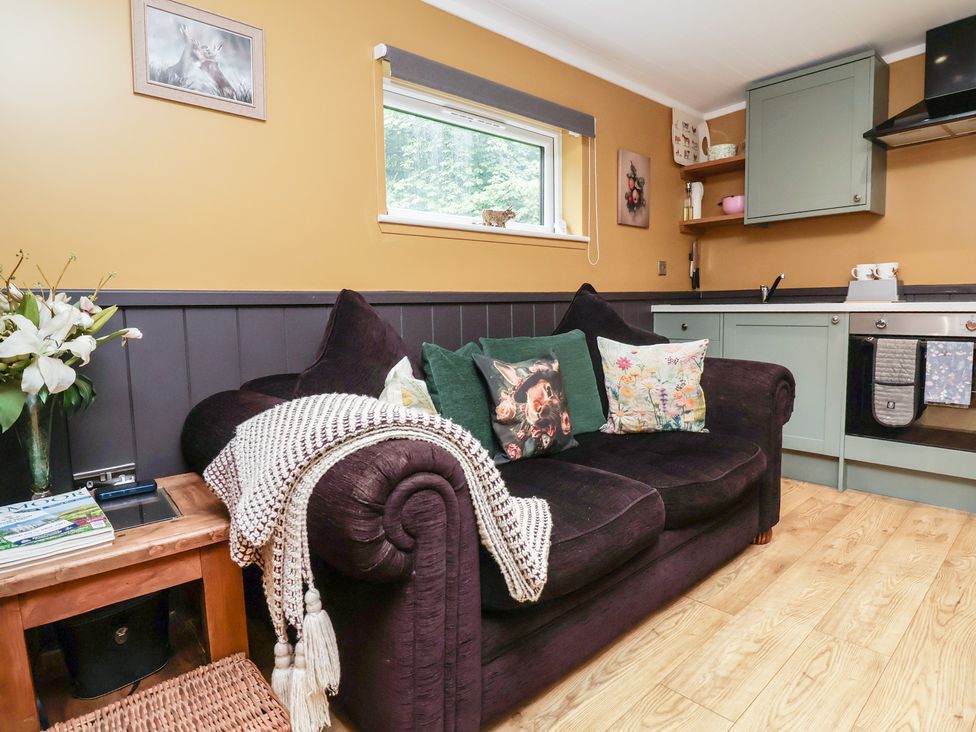 A living room with a sofa and kitchen features at Owls Nest Lodge in South Molton