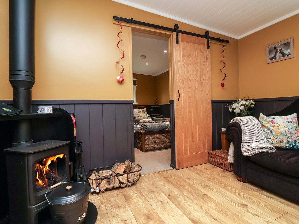 A snug with a wood stove and sofa at Owls Nest Lodge in South Molton