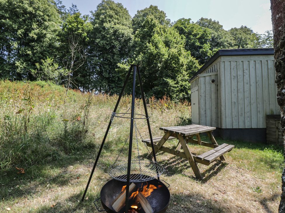 An outdoor area with a fire pit and picnic table at Owls Nest Lodge in South Molton