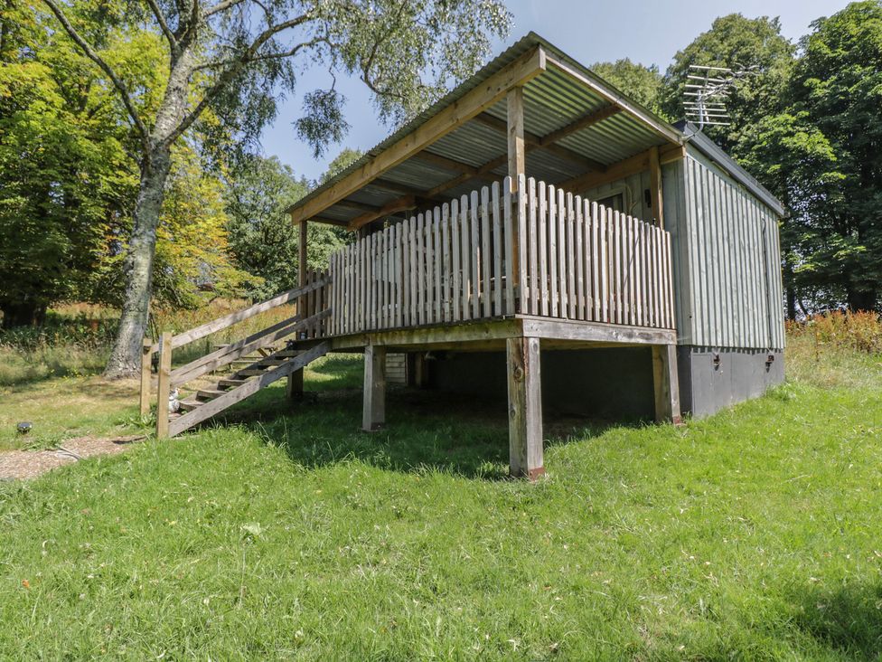 A wooden structure with steps and railing at Owls Nest Lodge South Molton
