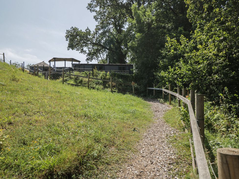 A pathway leading through grass with a fence at Hedgehogs Lodge in South Molton