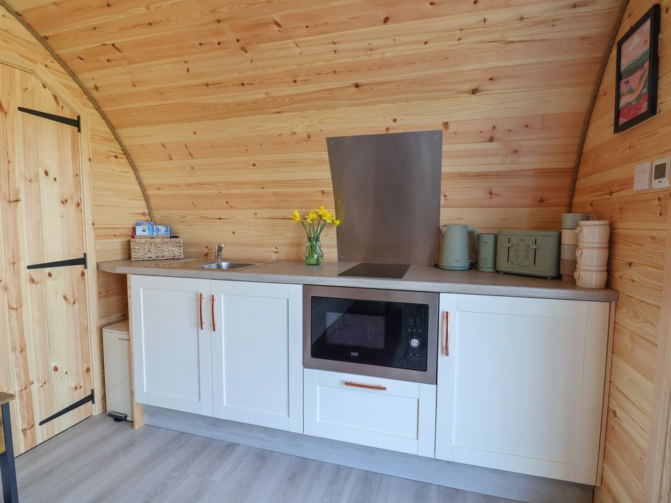 A kitchen with a sink and microwave at Cennin Pedr in Ruthin