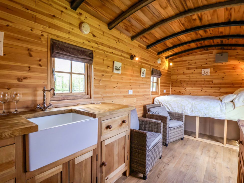 A cabin with kitchen and sleeping area at The Damselfly