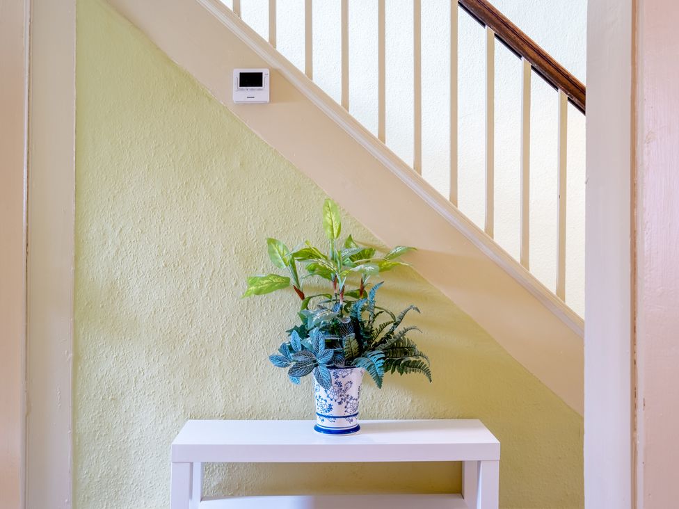 A hallway with a potted plant on a table at Palace Garden Cottage Bishop Auckland