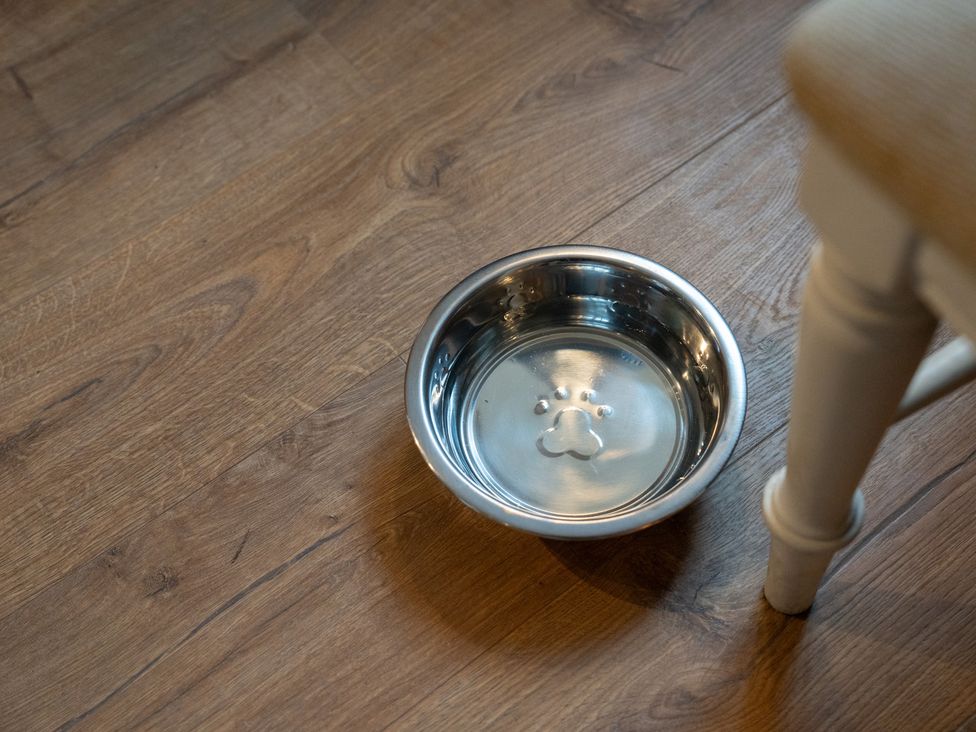 A dog bowl on wooden floor at Churchill Cottage in Bishop Auckland