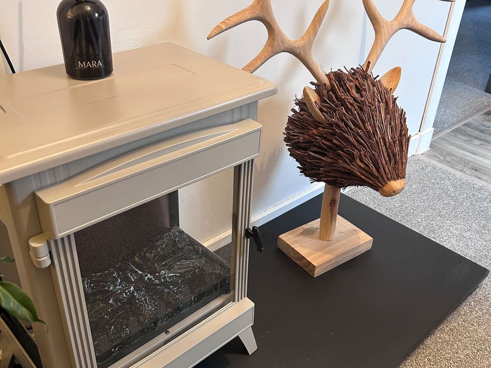 A fireplace and antler decor piece in a living room at 3 Linshader Stornoway