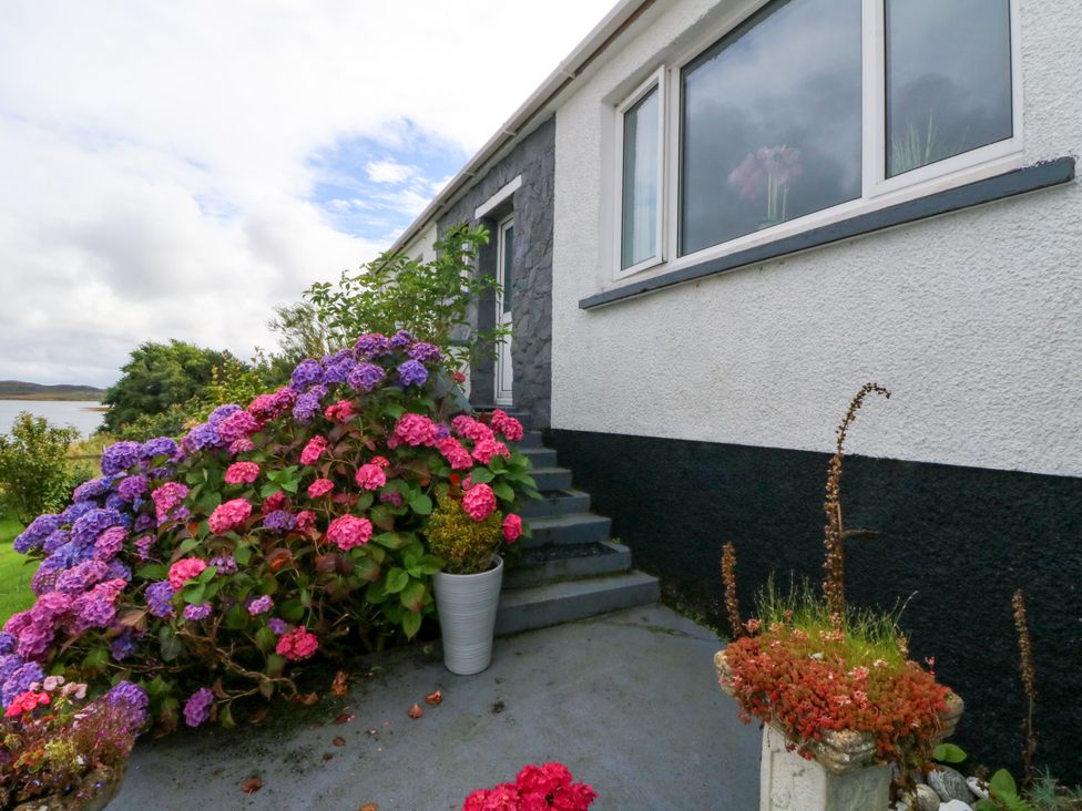 An outdoor view of a house with flowering plants and steps at 3 Linshader Stornoway