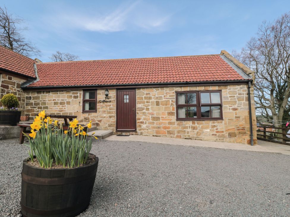 A stone building with a wooden door and flower pots at The Calf House in Lingdale near Saltburn-by-the-Sea