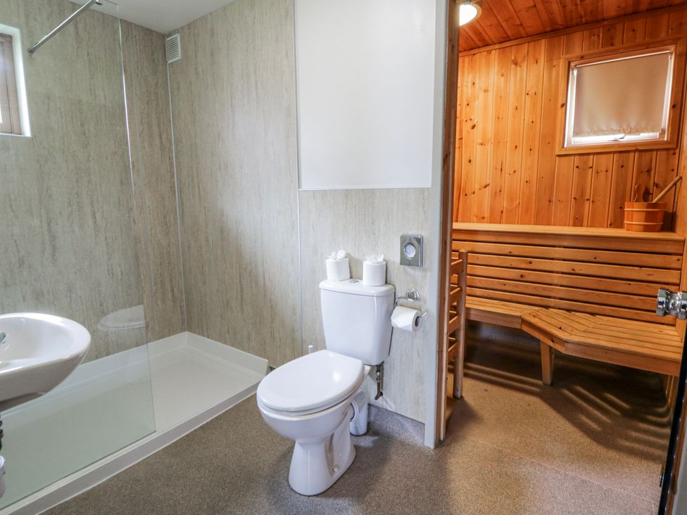 A bathroom with a shower, toilet and sauna at Maple Lodge in Knighton