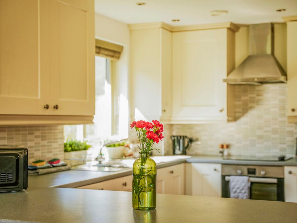 A kitchen with a countertop and flowers in a vase at Maple Lodge in Llangunllo