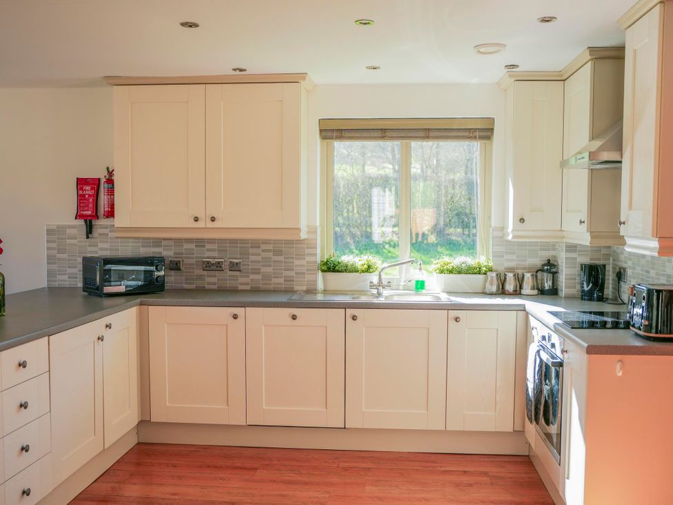 A kitchen with cabinets and appliances at Maple Lodge in Llangunllo