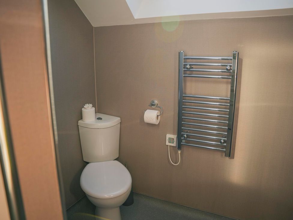 A bathroom with a toilet and a towel rack at Oak Lodge in Llangunllo