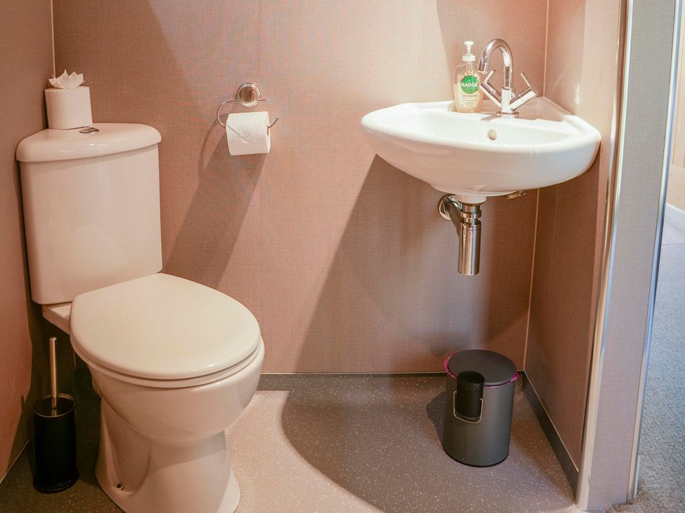 A bathroom with a toilet and sink at Oak Lodge Llangunllo
