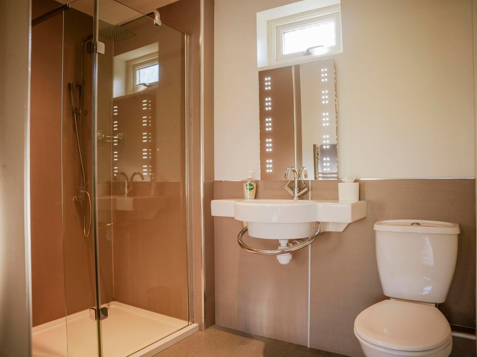 A bathroom with a shower, toilet, and sink at Oak Lodge in Llangunllo