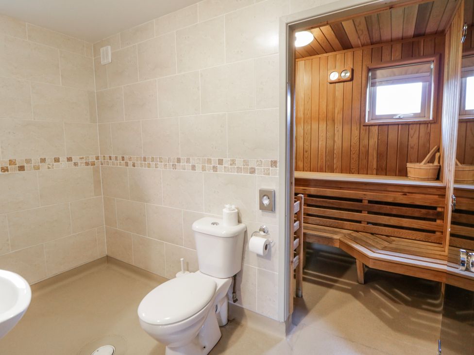 A bathroom with a toilet, sink, and sauna at Willow Lodge Knighton