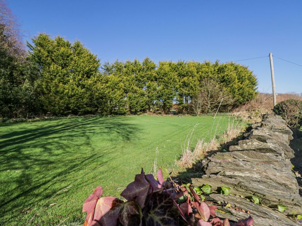 A garden with a stone wall and greenery at Linden Lea in Grange-Over-Sands