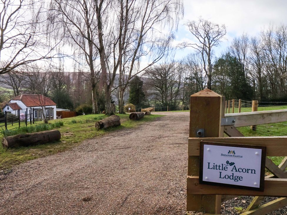 An outdoor view featuring a path, logs, fence, house, and a sign at Little Acorn Lodge, Whitby