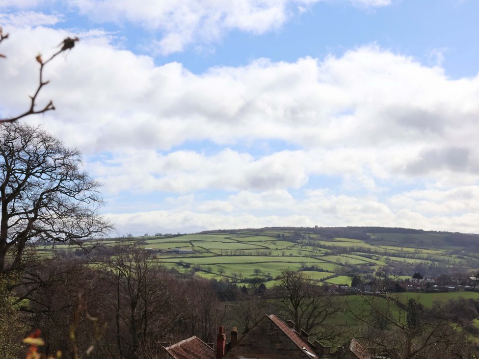 A view of hills and fields with trees and buildings at Hawthorn Lodge in Whitby