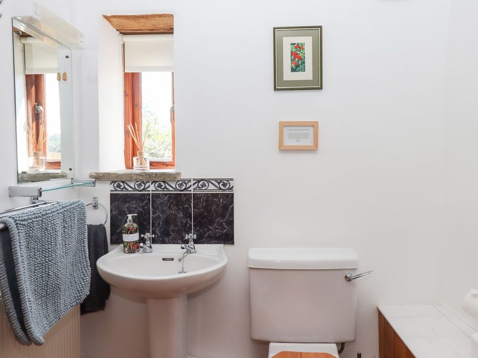 A bathroom with a sink and toilet at The Cottage in Sampford Courtenay