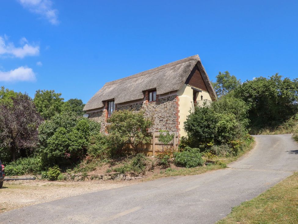A thatched cottage with a stone wall and surrounding greenery at The Cottage in Sampford Courtenay