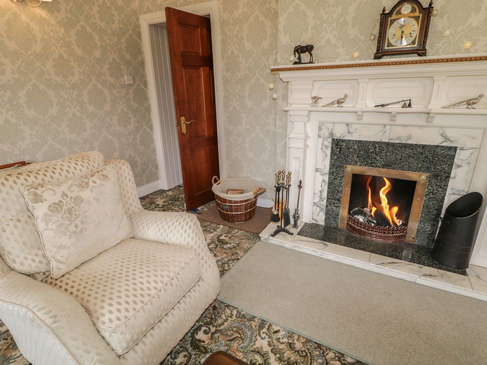 A living room with a fireplace and an armchair at Riverdene in Mountjoy