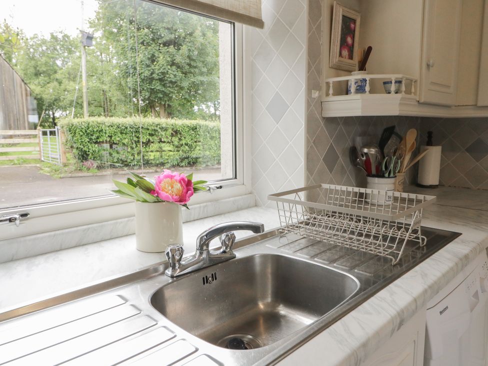 A kitchen sink with a dish rack and a plant at Riverdene in Mountjoy