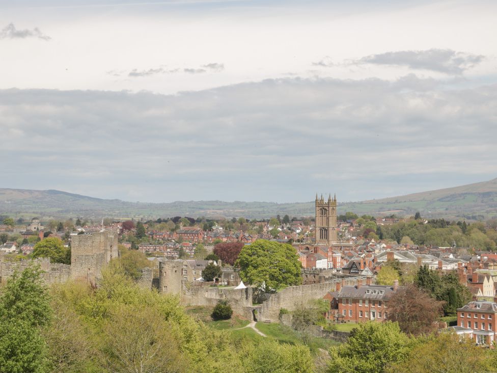 A view of a town with a castle and church tower at Herdwick Cottage Much Wenlock