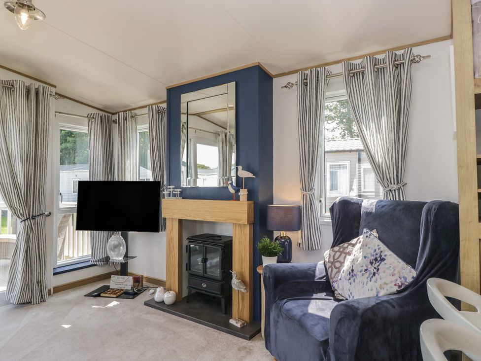 A living room with a fireplace and television at Hedgerow Lodge near Haven Lakeside Grange-Over-Sands