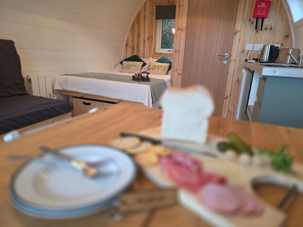 A living room with a bed and kitchenette at Bracelands - Deluxe Pod 7 Coleford