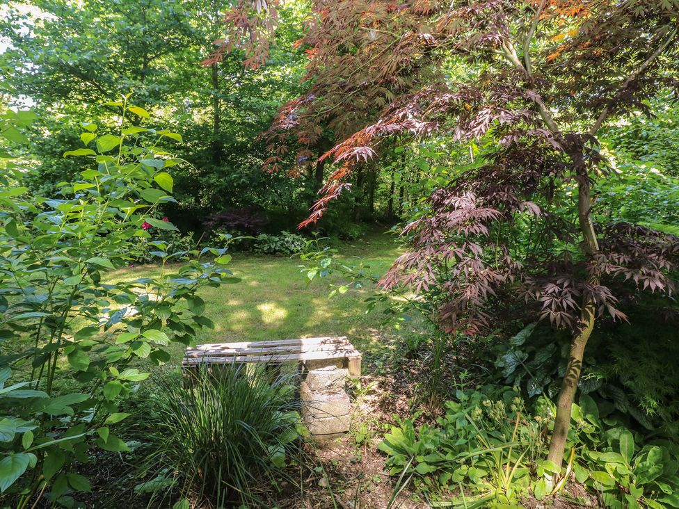A garden with a bench surrounded by trees and plants at Brookview Goldfinch in Haverfordwest